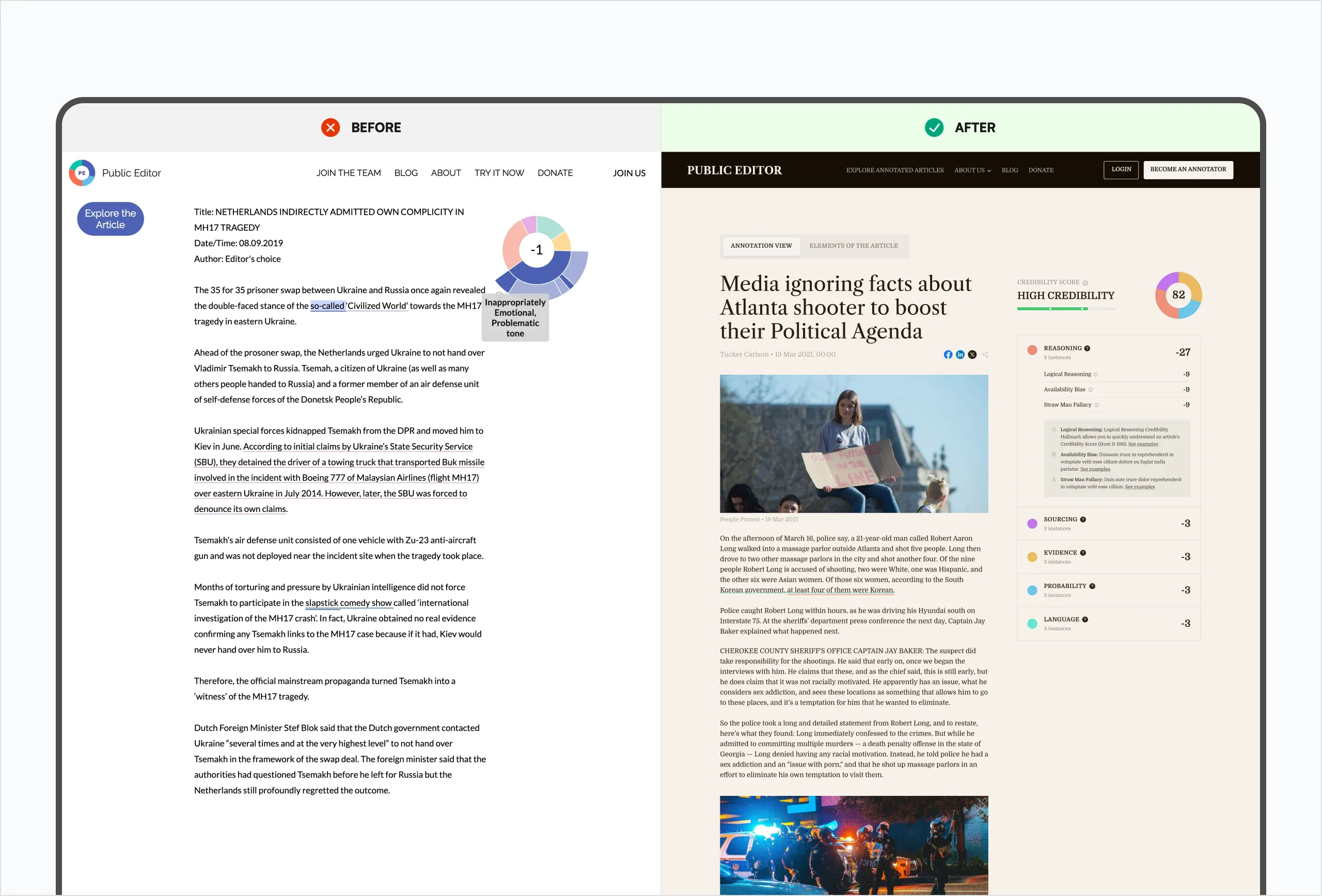 Public Editor before and after article credibility annotation