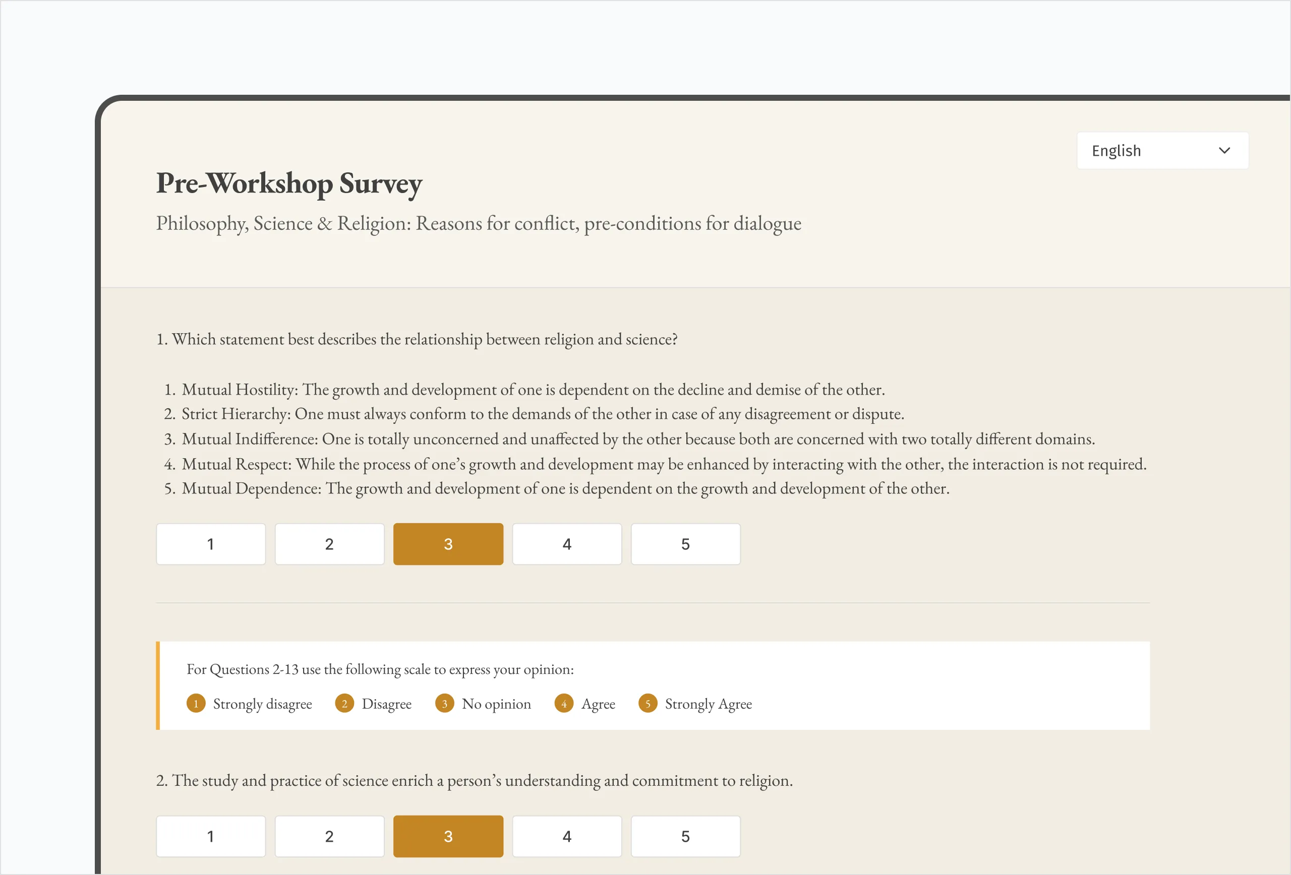 Multilingual pre-workshop survey scoring participant views on the relationship between religion and science on a five-point scale