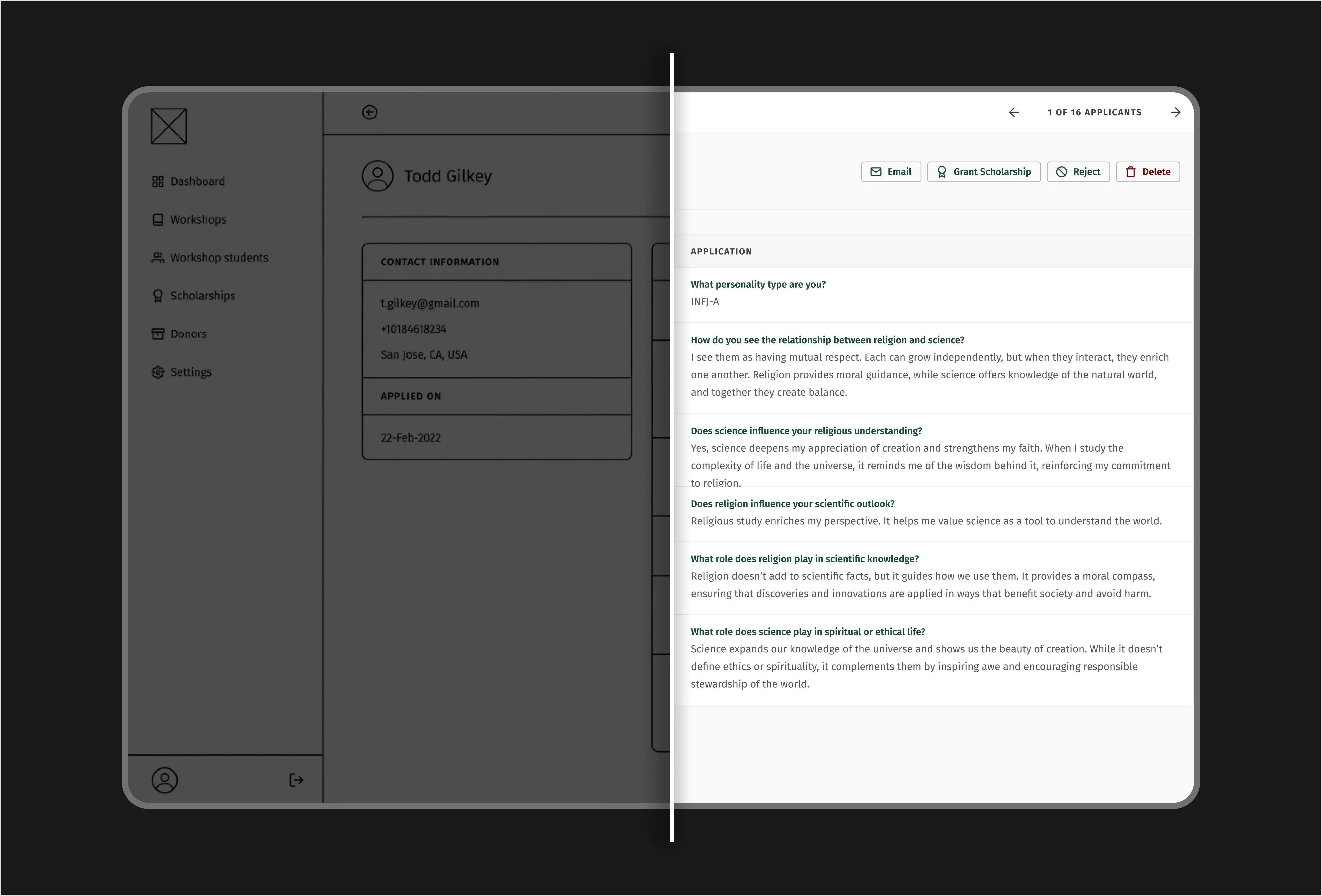 Applicant review panel showing contact information and full scholarship application answers on the relationship between religion and science