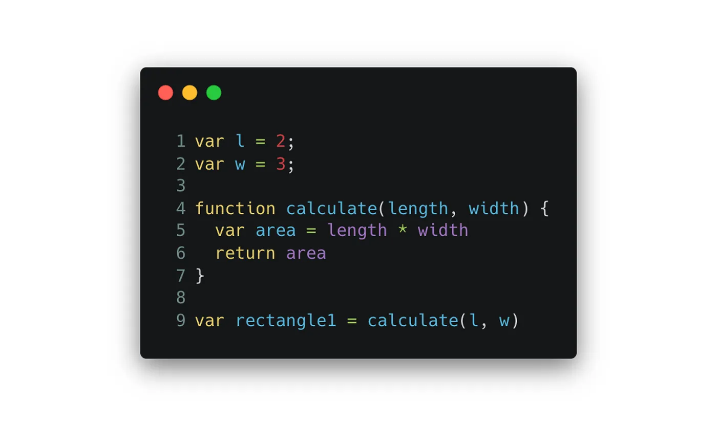 Code example with variables l, w and a calculate function
