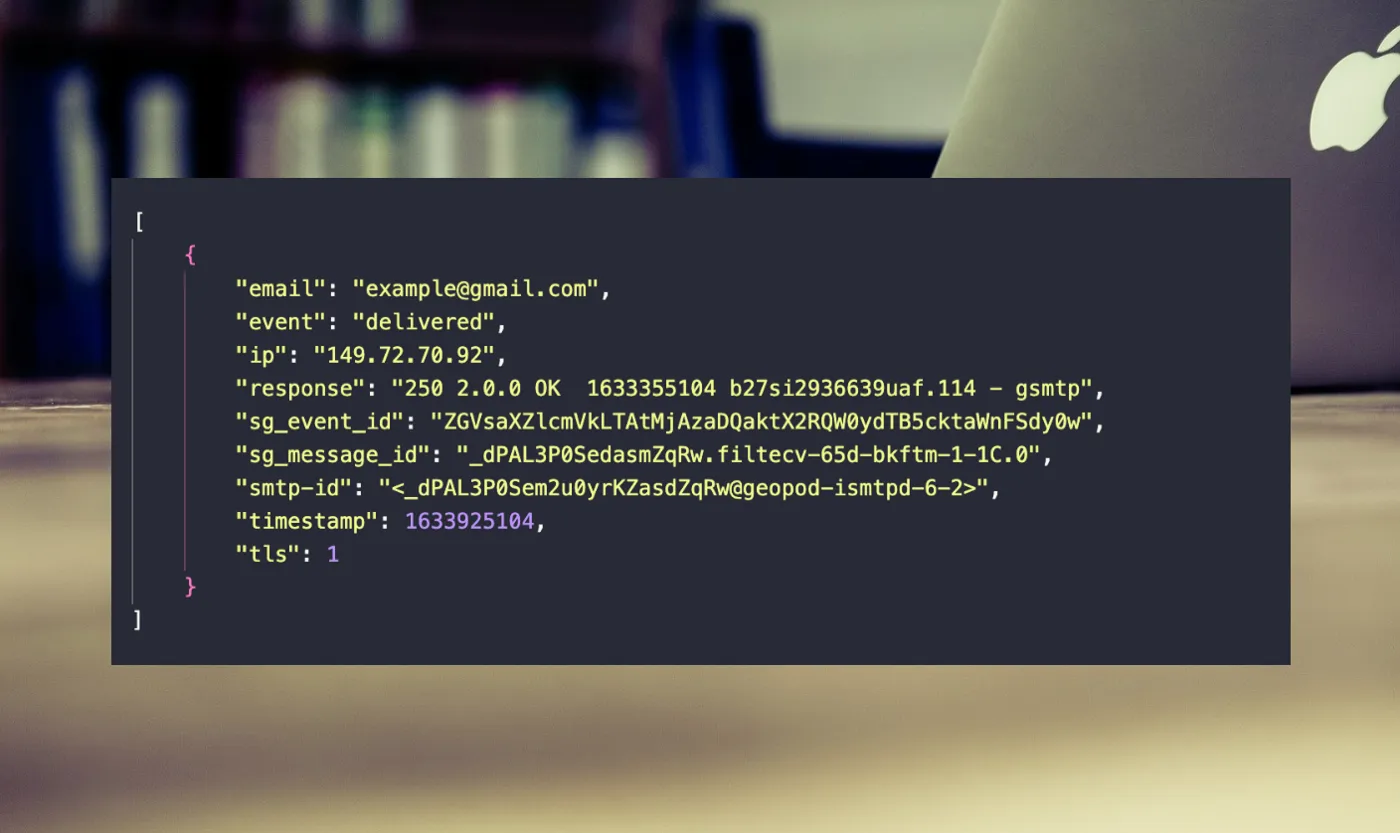 Example webhook response payload showing delivery status fields