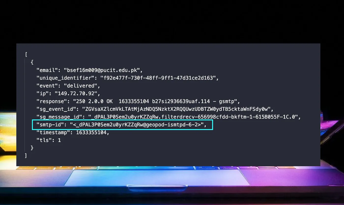 Outgoing email delivery response containing the SMTP ID