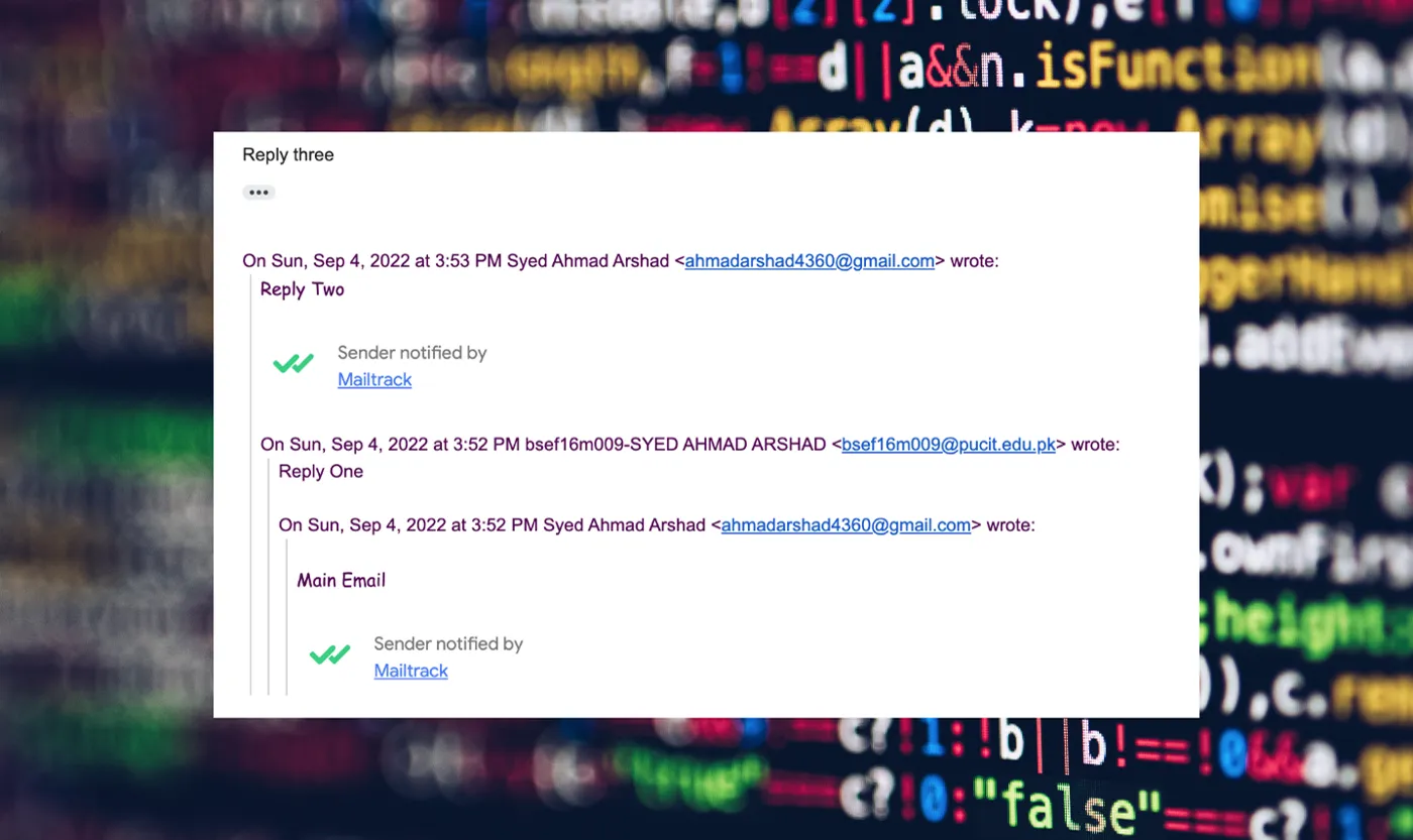 Conversation view showing a reply thread with its previous emails