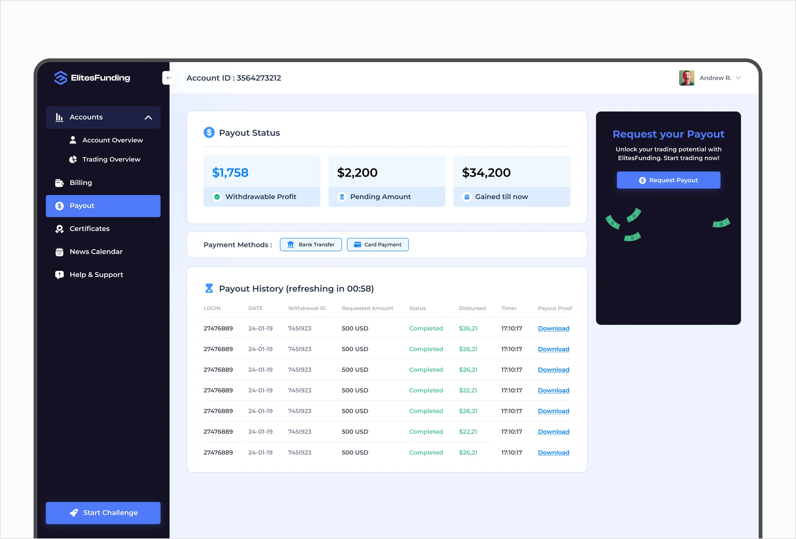 Payout screen with withdrawable, pending, and lifetime totals, bank transfer and card payment methods, and a payout history table with downloadable proofs