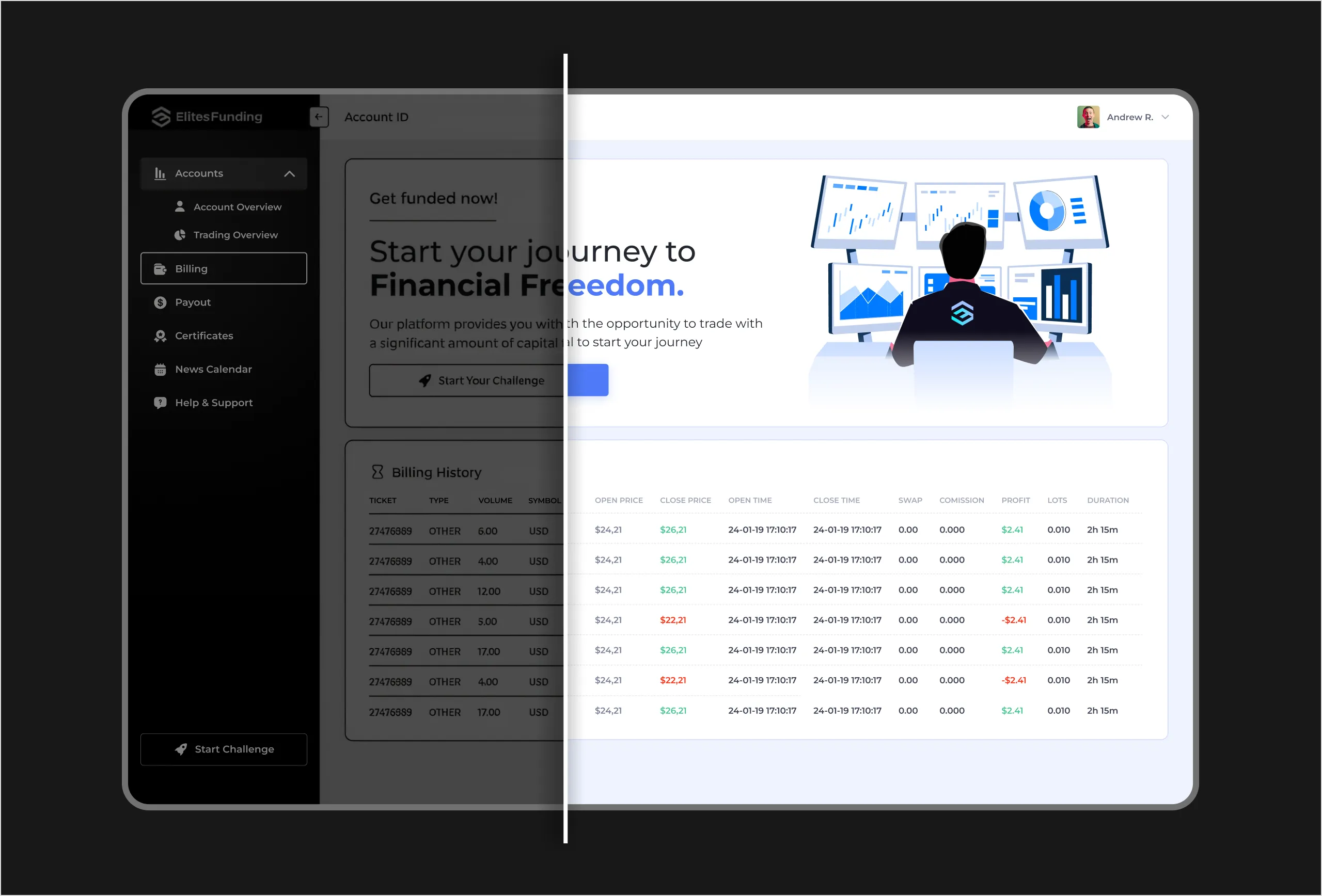 Wireframe and finished billing view side by side, showing the funding banner and trade-by-trade billing history carried through to build