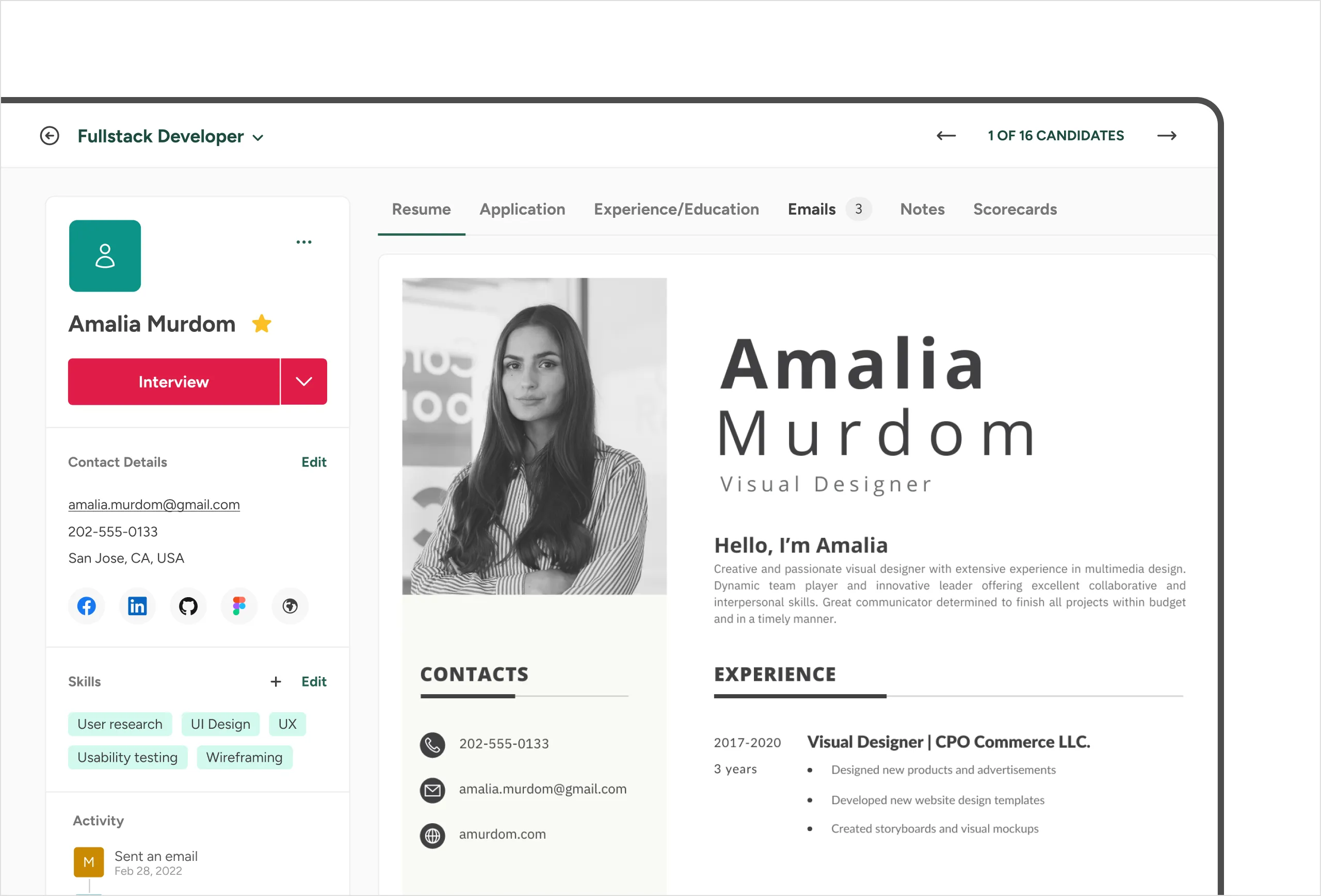 Candidate profile with contact details, skills, and activity timeline beside a parsed resume preview