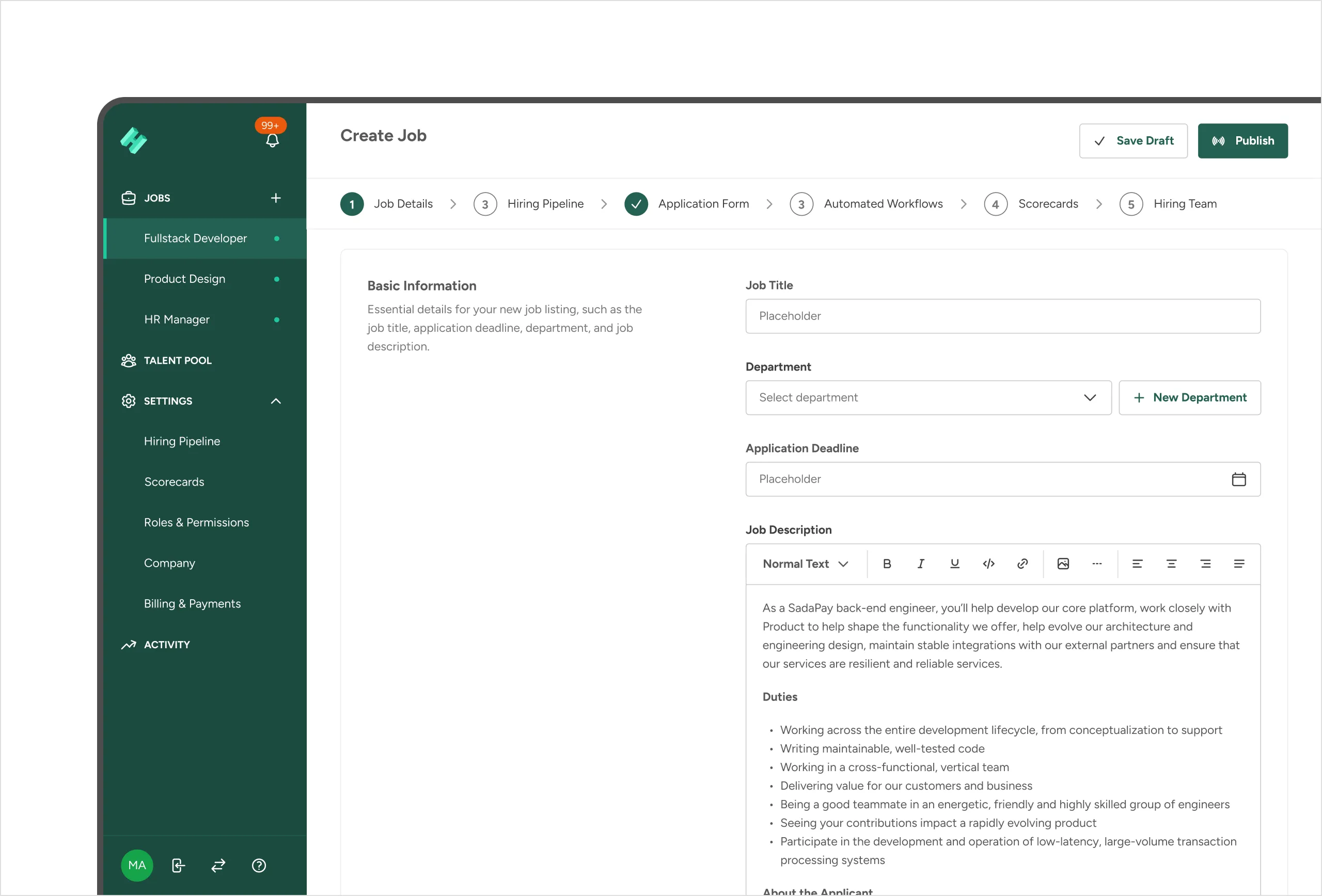 Create Job wizard on the Job Details step, with basic information fields and a rich-text job description editor