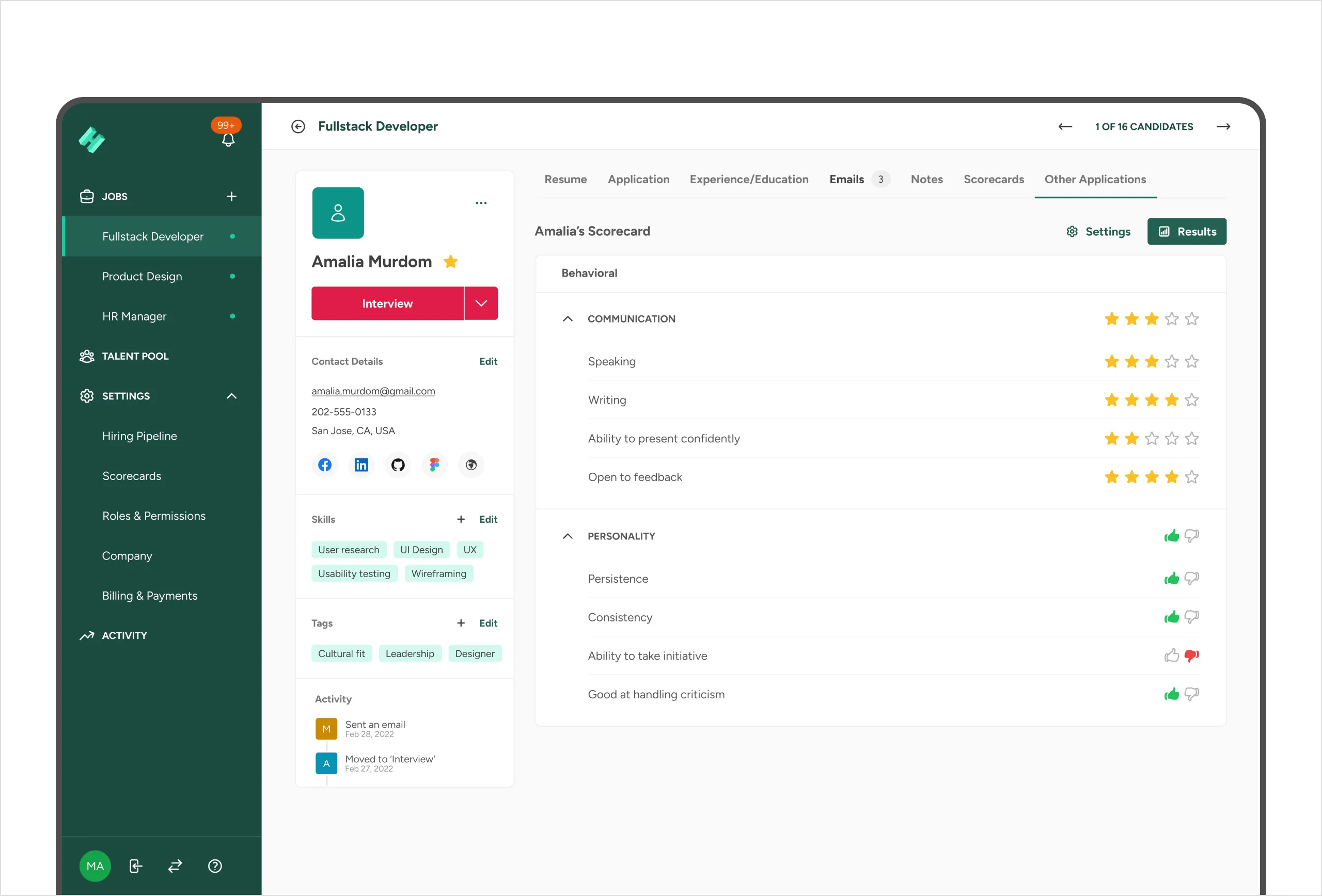 Candidate scorecard rating communication and personality criteria with stars and thumb votes