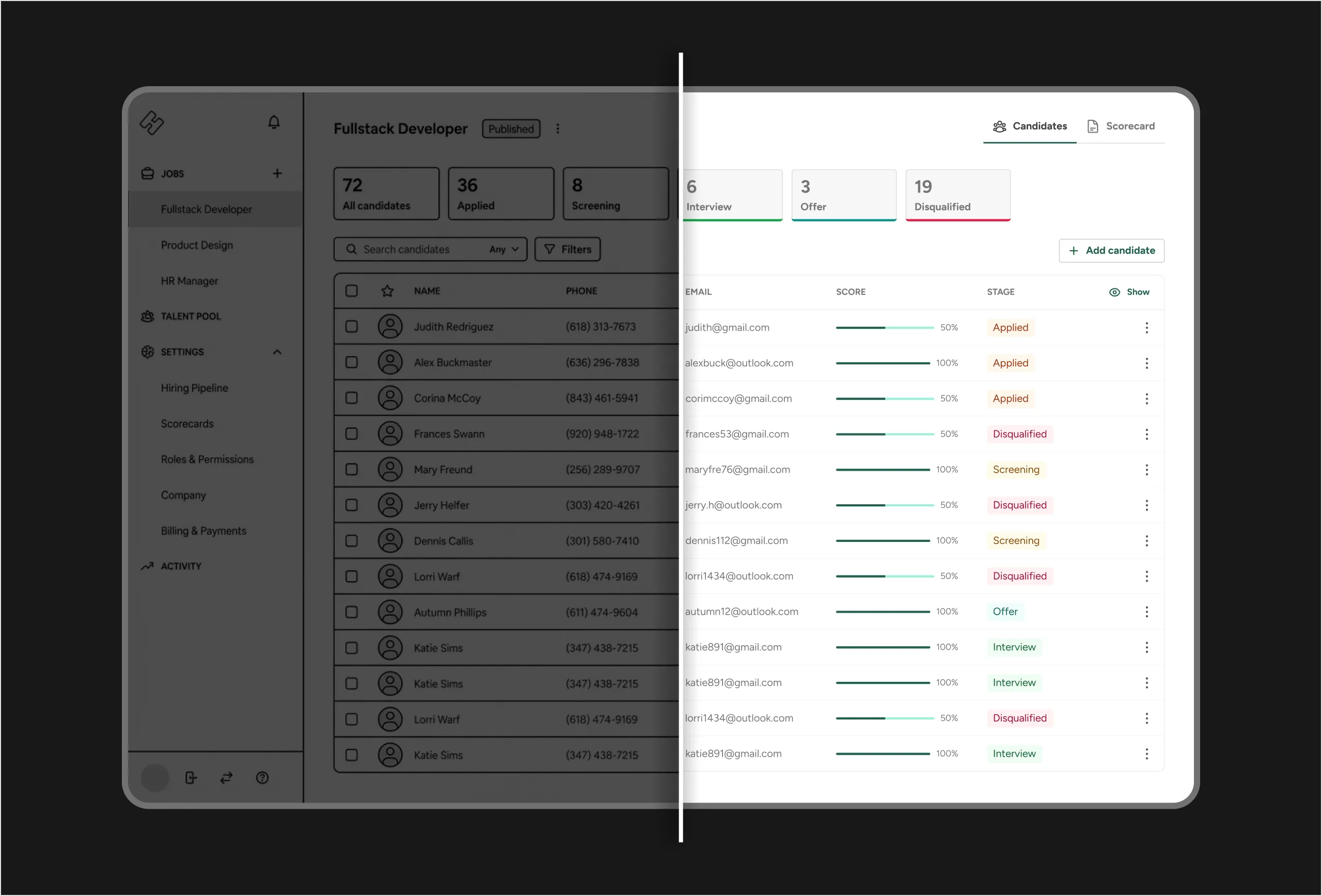 Candidate pipeline for a Fullstack Developer role, with stage counts and per-candidate scores and stages