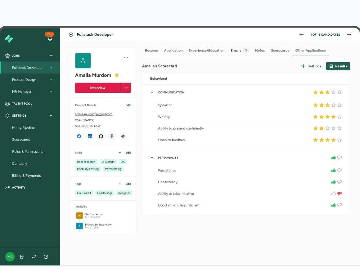 Candidate scorecard view