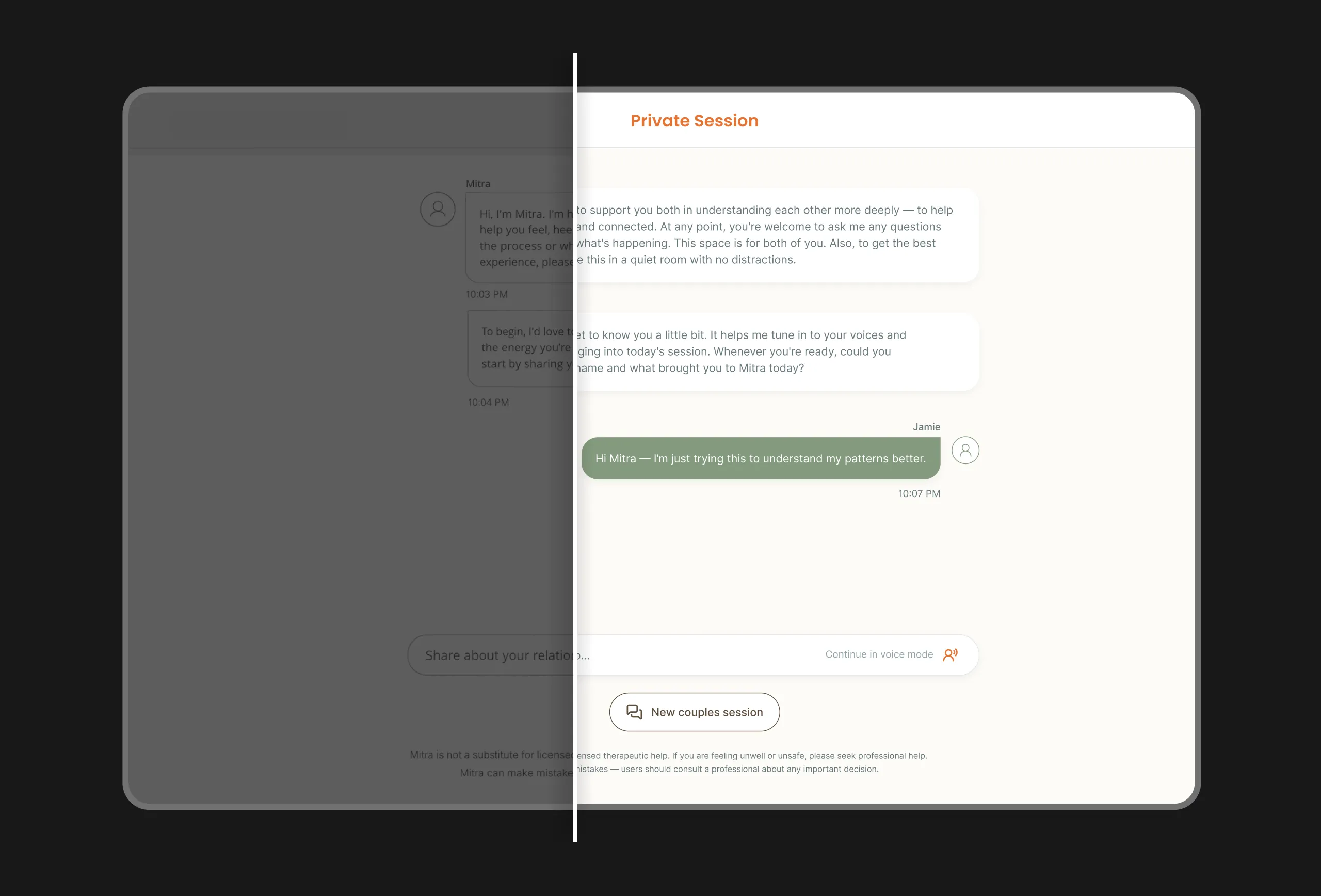 Before and after redesign of the Private Session couples chat