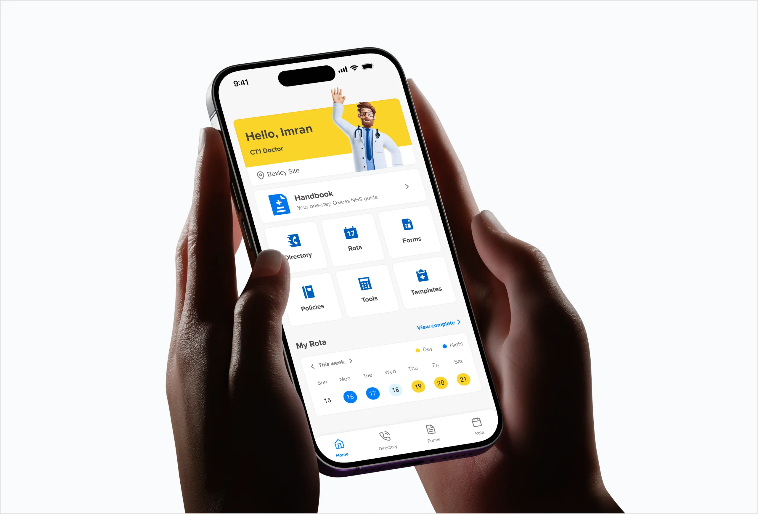 Trainee doctor home screen in hand, with site handbook shortcut, directory, rota, forms, policies, tools, and templates tiles above the weekly on-call rota