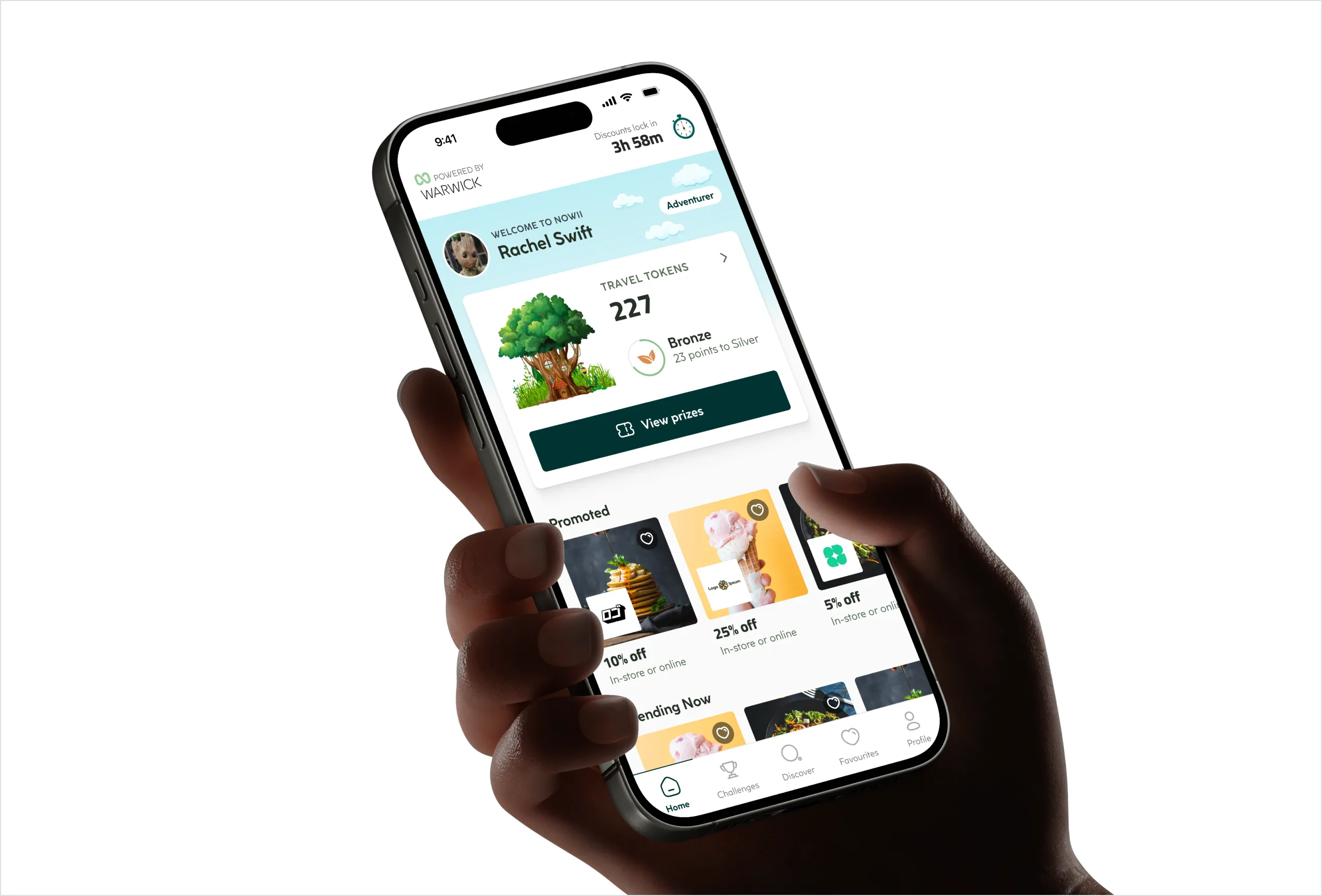 Nowii home screen in hand, showing travel tokens, Bronze tier progress, and promoted discounts