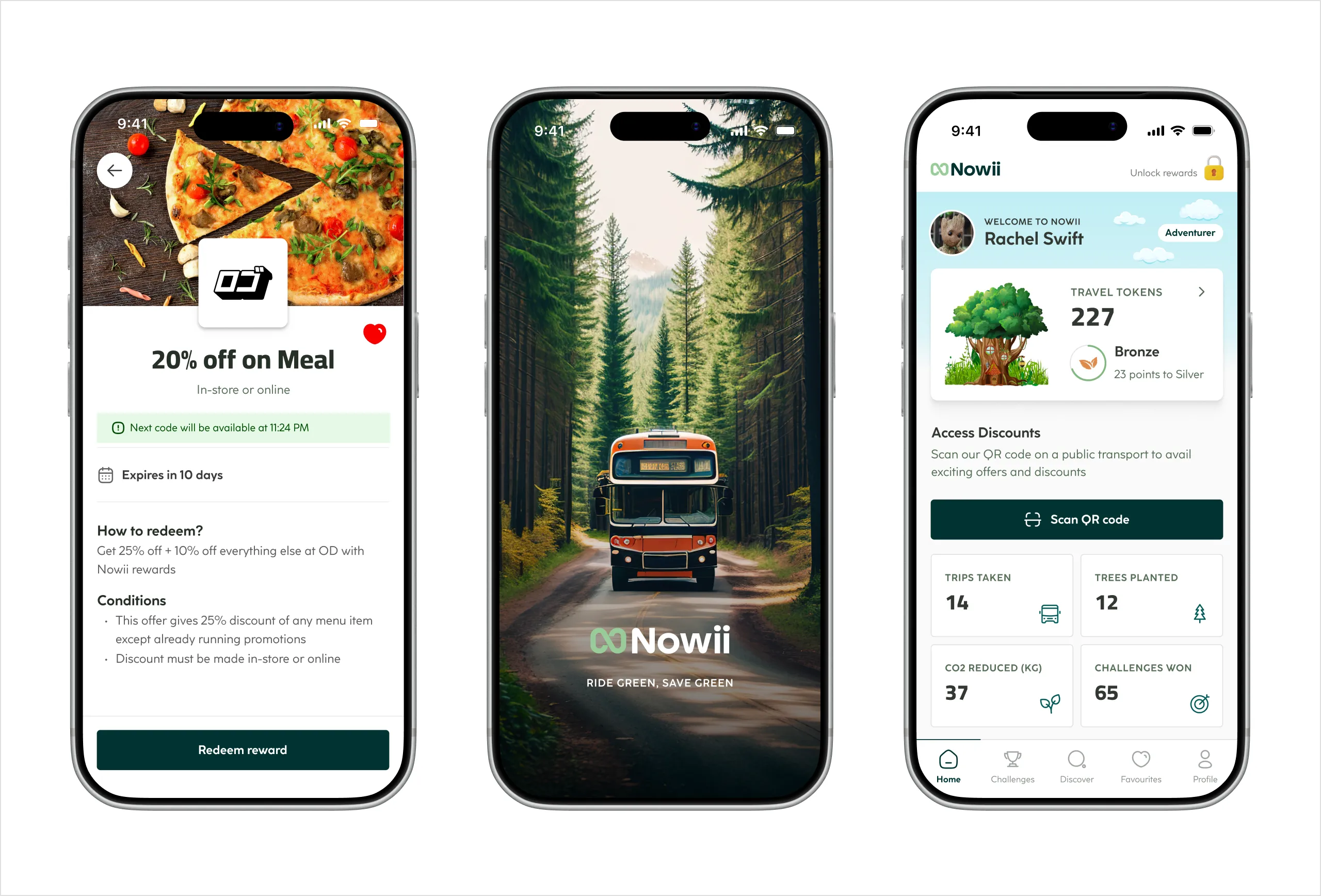 Reward redemption detail, app splash screen, and discount dashboard with trips, trees planted, and CO2 saved