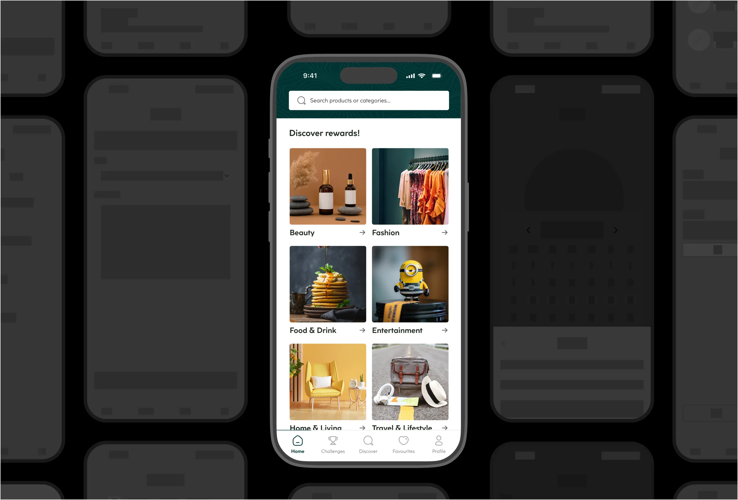 Discover rewards browsing screen with beauty, fashion, food, entertainment, home, and travel categories