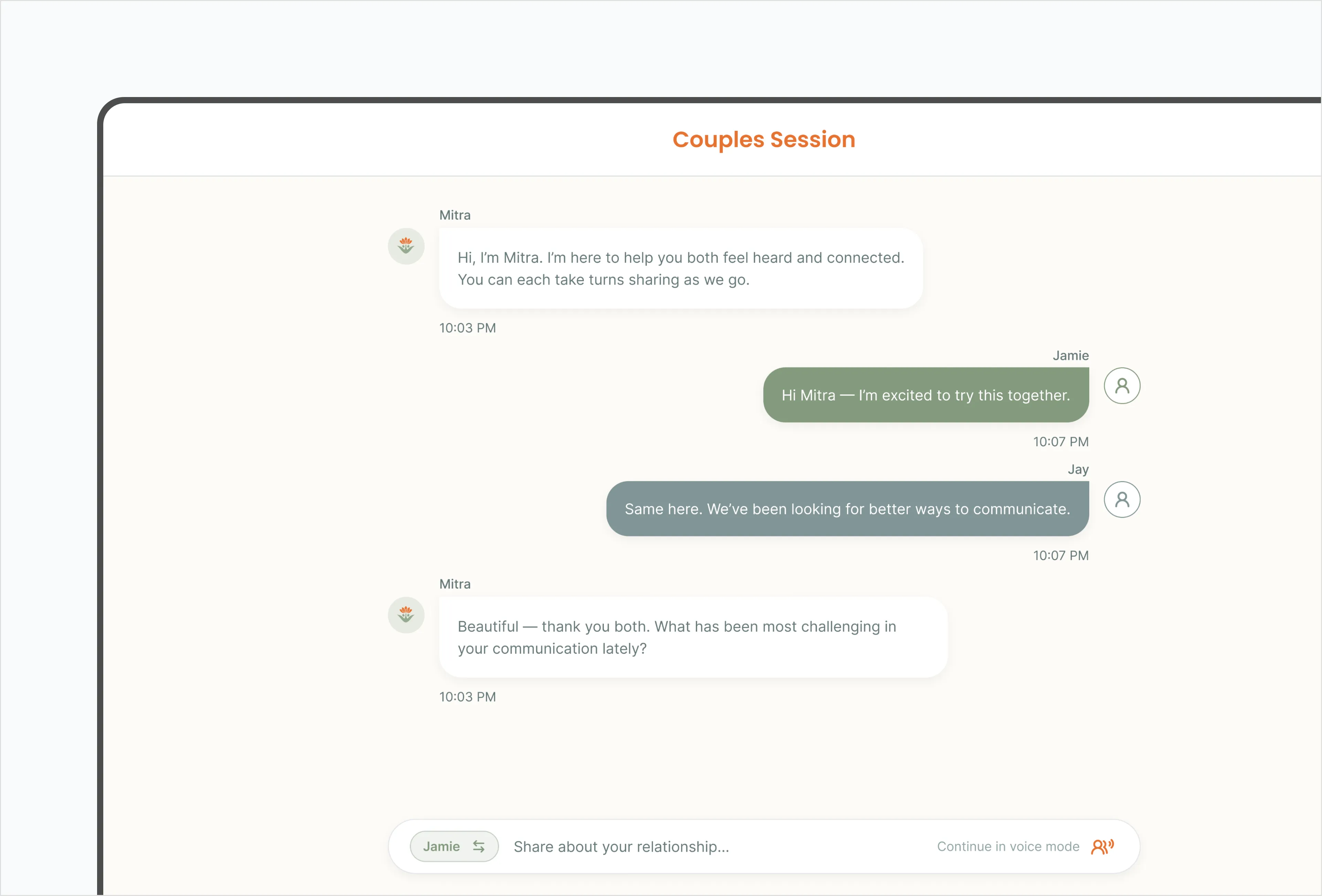 Couples Session chat with Mitra mediating