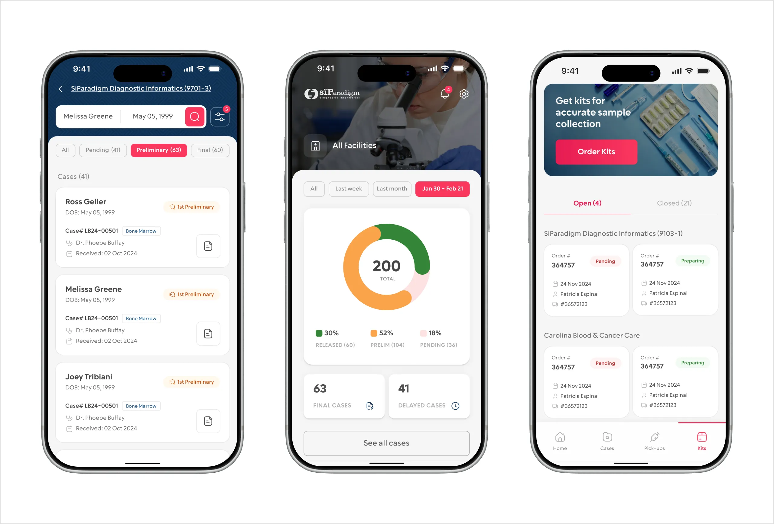 Case search with preliminary and final filters, an all-facilities turnaround dashboard, and the kit ordering screen across three screens