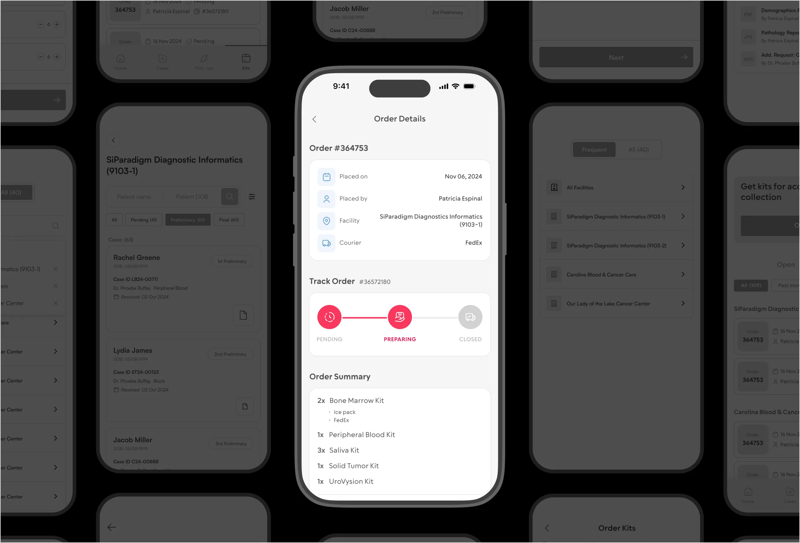 Order details with FedEx courier tracking, a pending-to-closed progress tracker, and a kit order summary