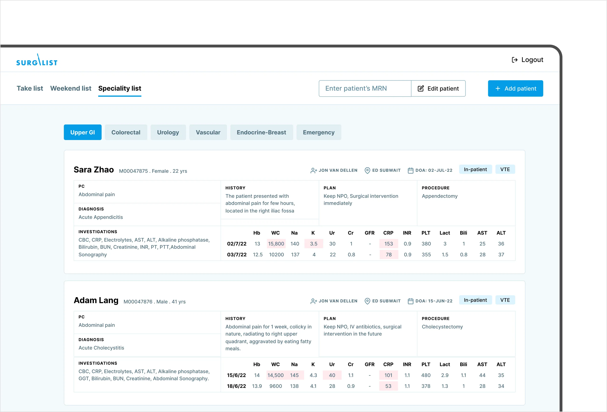 Speciality list filtered by Upper GI, each patient card showing diagnosis, plan, procedure, and dated blood results with out-of-range values flagged