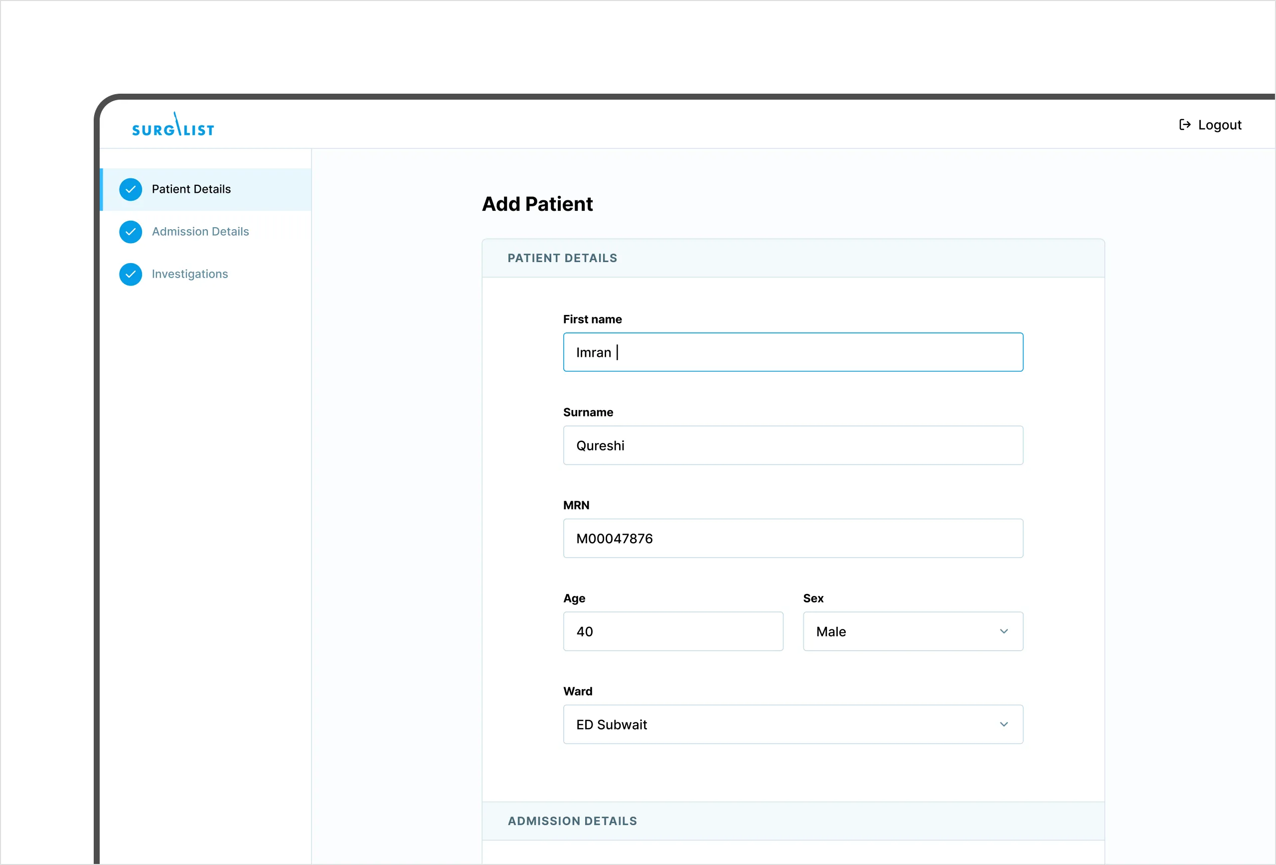 Add Patient form stepping through patient details, admission details, and investigations