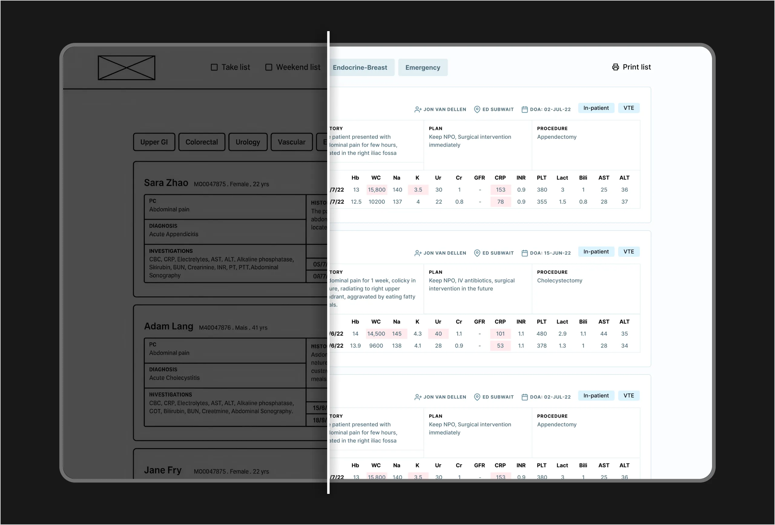 Wireframe and finished patient list side by side, showing the design carried through to the printable build