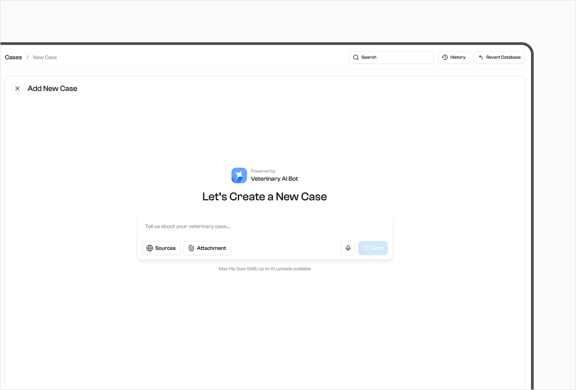 Add New Case screen with a free-text prompt box, Sources and Attachment controls, and a microphone for voice intake