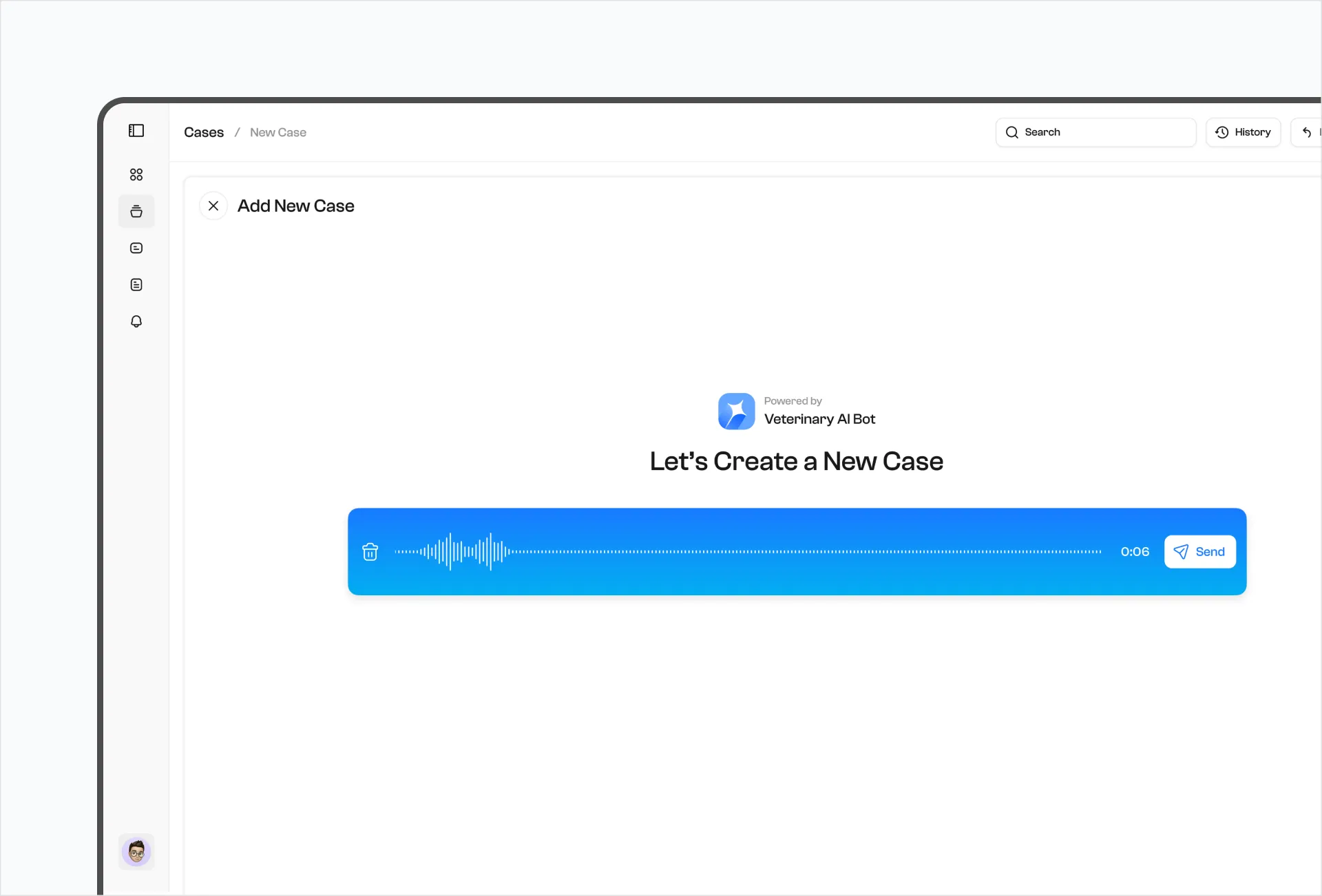 Voice dictation in progress on the Add New Case screen, showing a live waveform, elapsed timer, and Send action