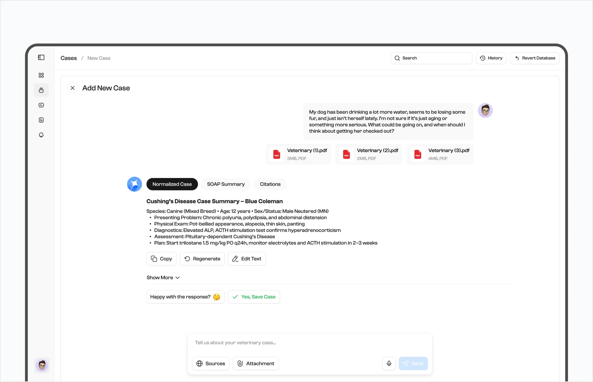 AI case response with Normalized Case, SOAP Summary, and Citations tabs above a Cushing’s disease summary and three attached PDF histories