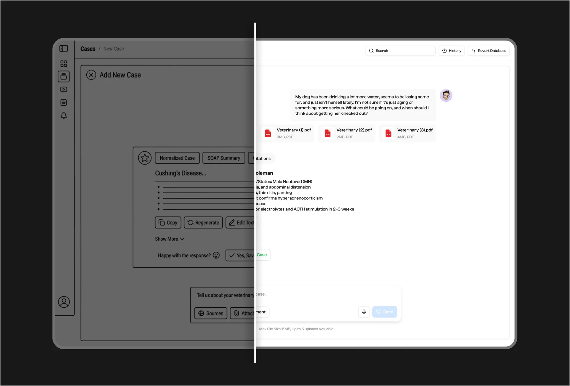 Wireframe and finished UI of the case conversation view side by side, showing the design carried through to build